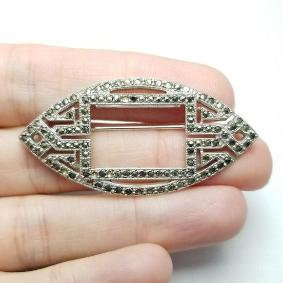 Vintage Sterling Silver Art Deco Style Marcasite Encrusted Brooch, Lapel Pin - Picture 8 of 9